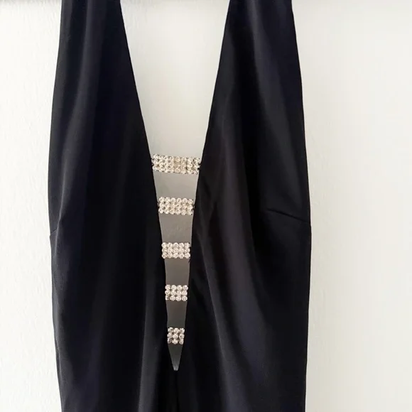 Vintage 90s Lillie Rubin Rhinestone Back Detail Halter Neck Black Formal Gown XS - Picture 5 of 10